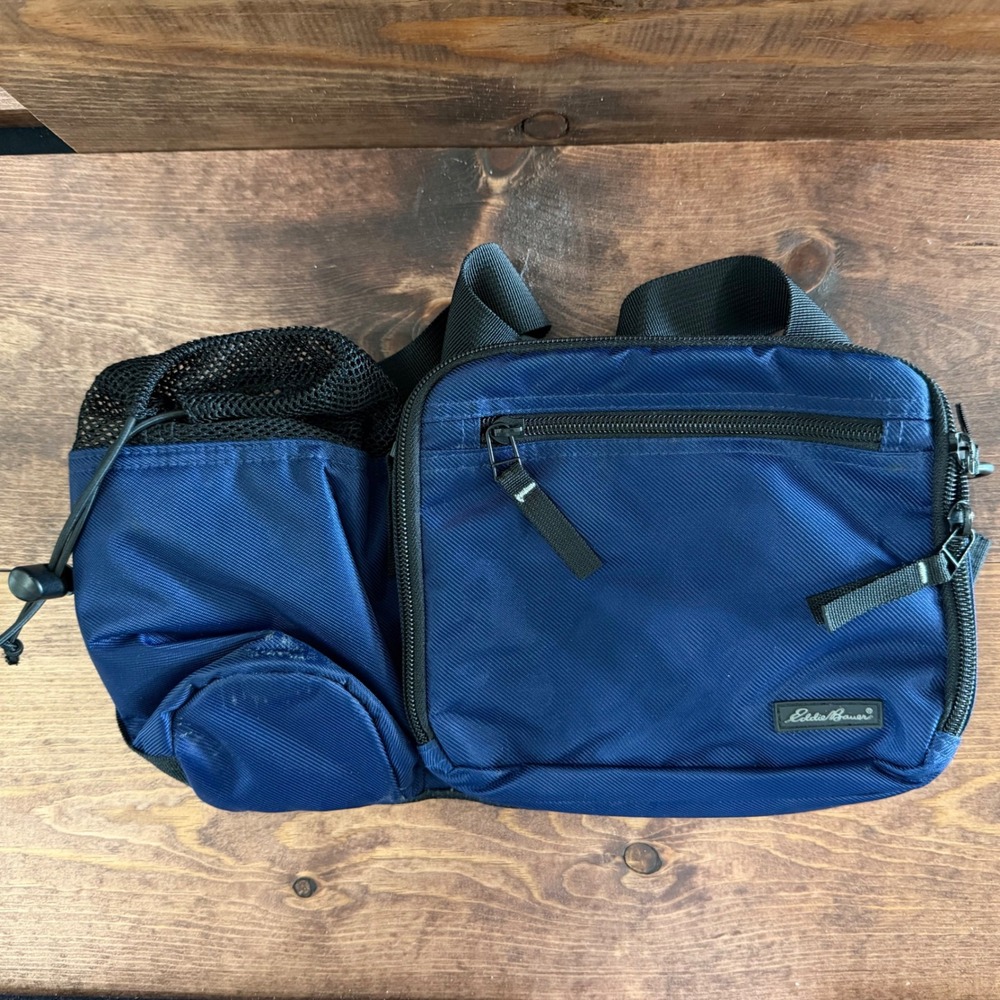Eddie Bauer Navy Blue Nylon Lumbar Waist Pack Hiking Bag with Bottle Holder